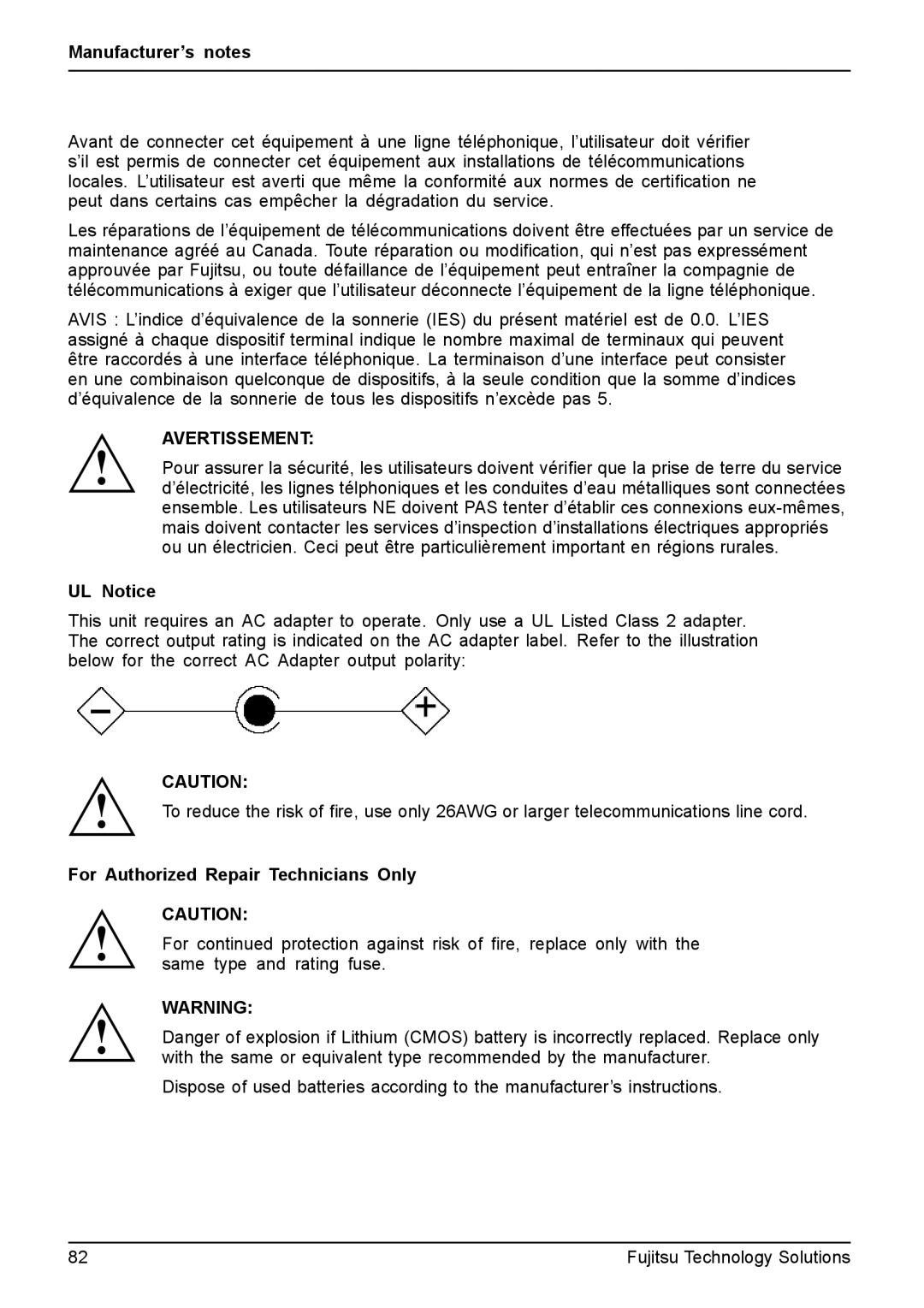 Fujitsu Q550 manual UL Notice, For Authorized Repair Technicians Only 