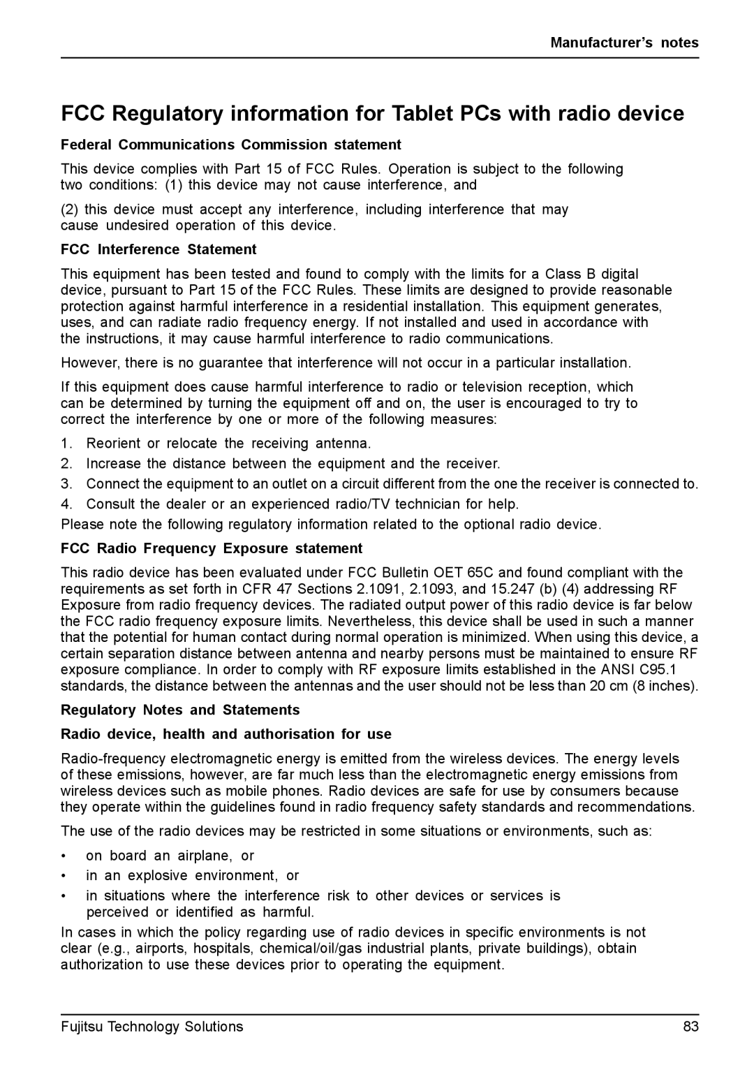 Fujitsu Q550 FCC Regulatory information for Tablet PCs with radio device, Federal Communications Commission statement 