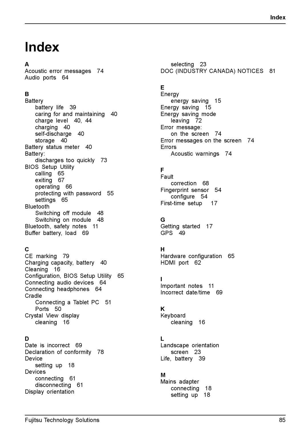 Fujitsu Q550 manual Index 