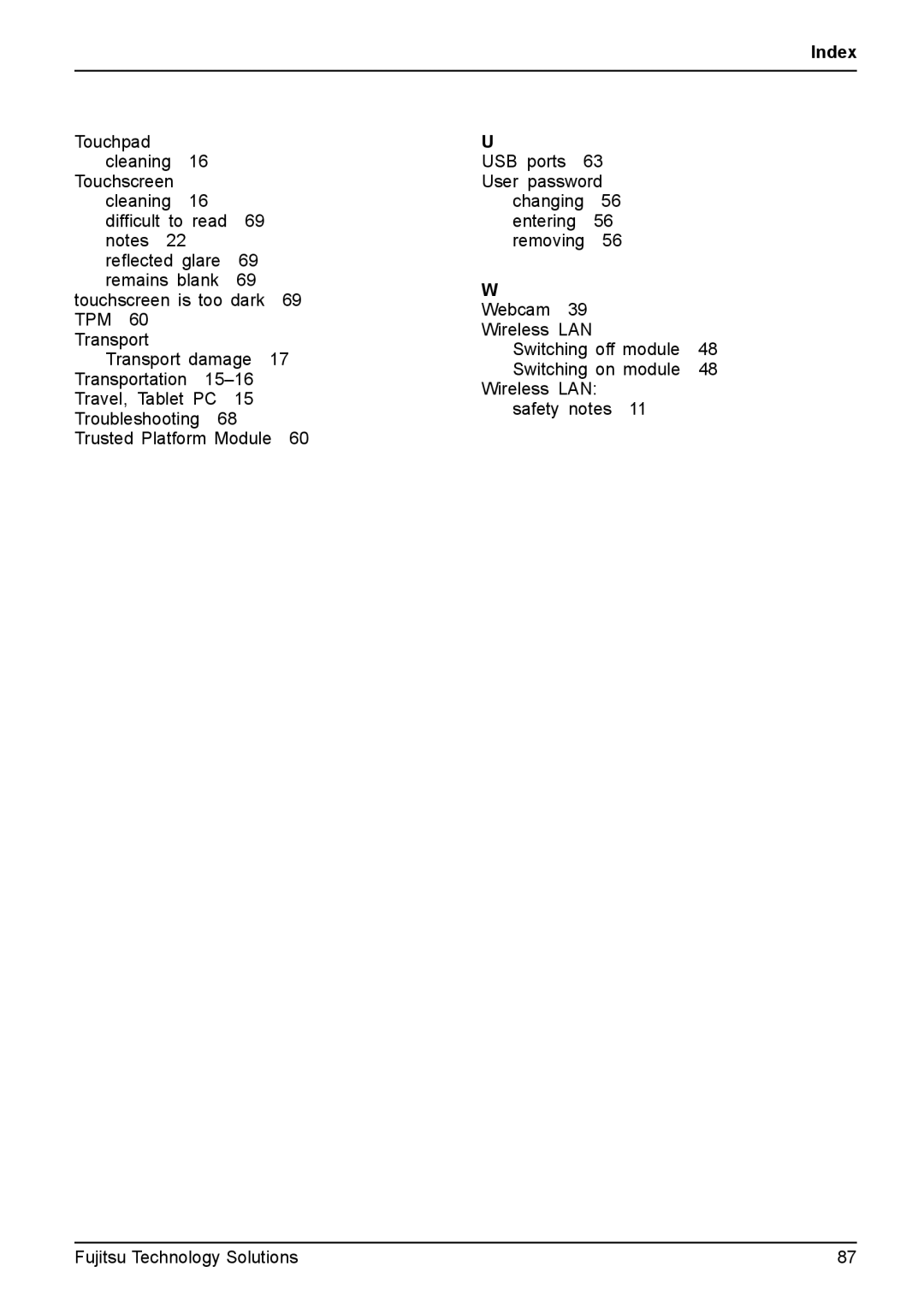 Fujitsu Q550 manual Index 