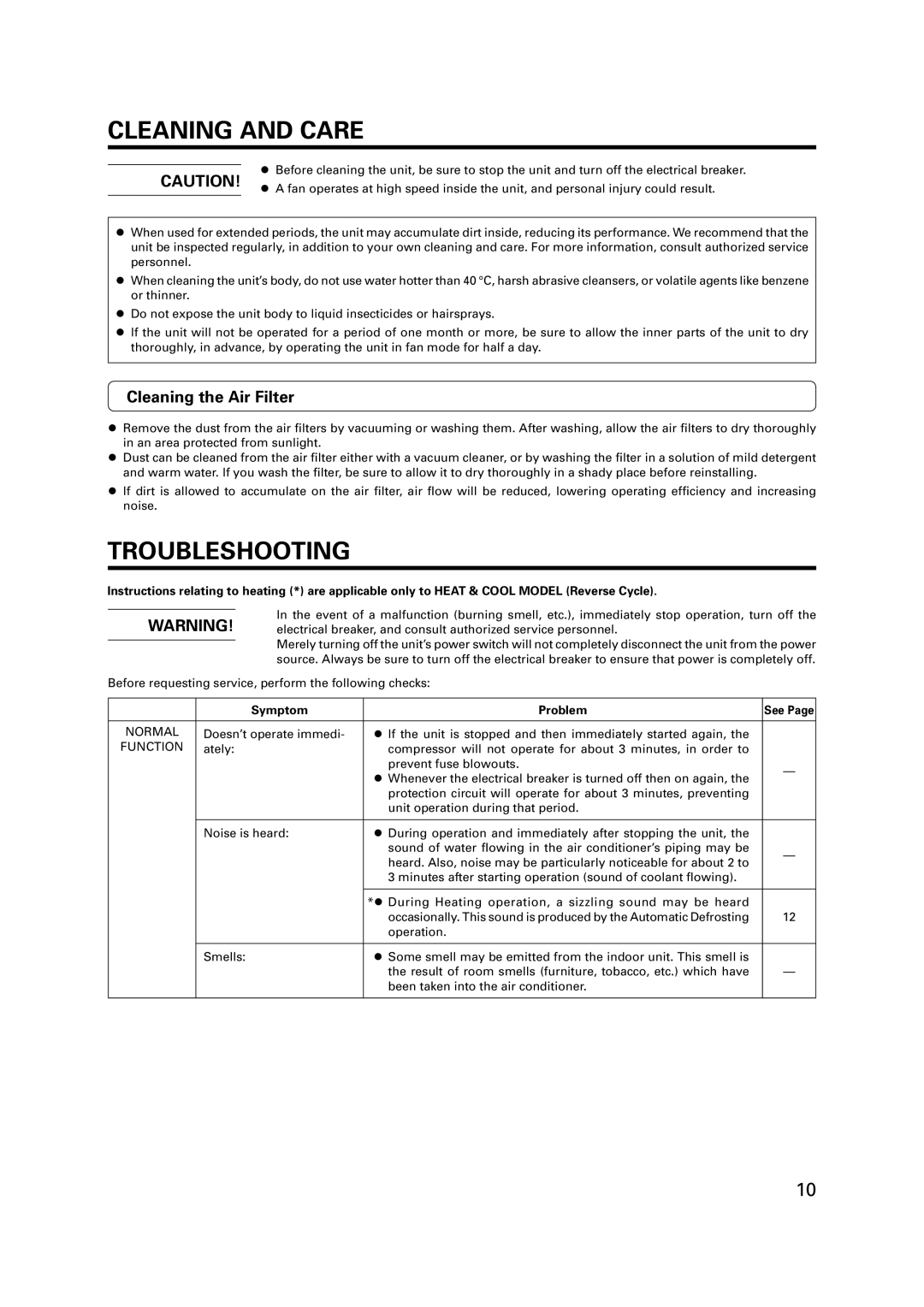 Fujitsu R410A operation manual Cleaning and Care, Troubleshooting, Cleaning the Air Filter 