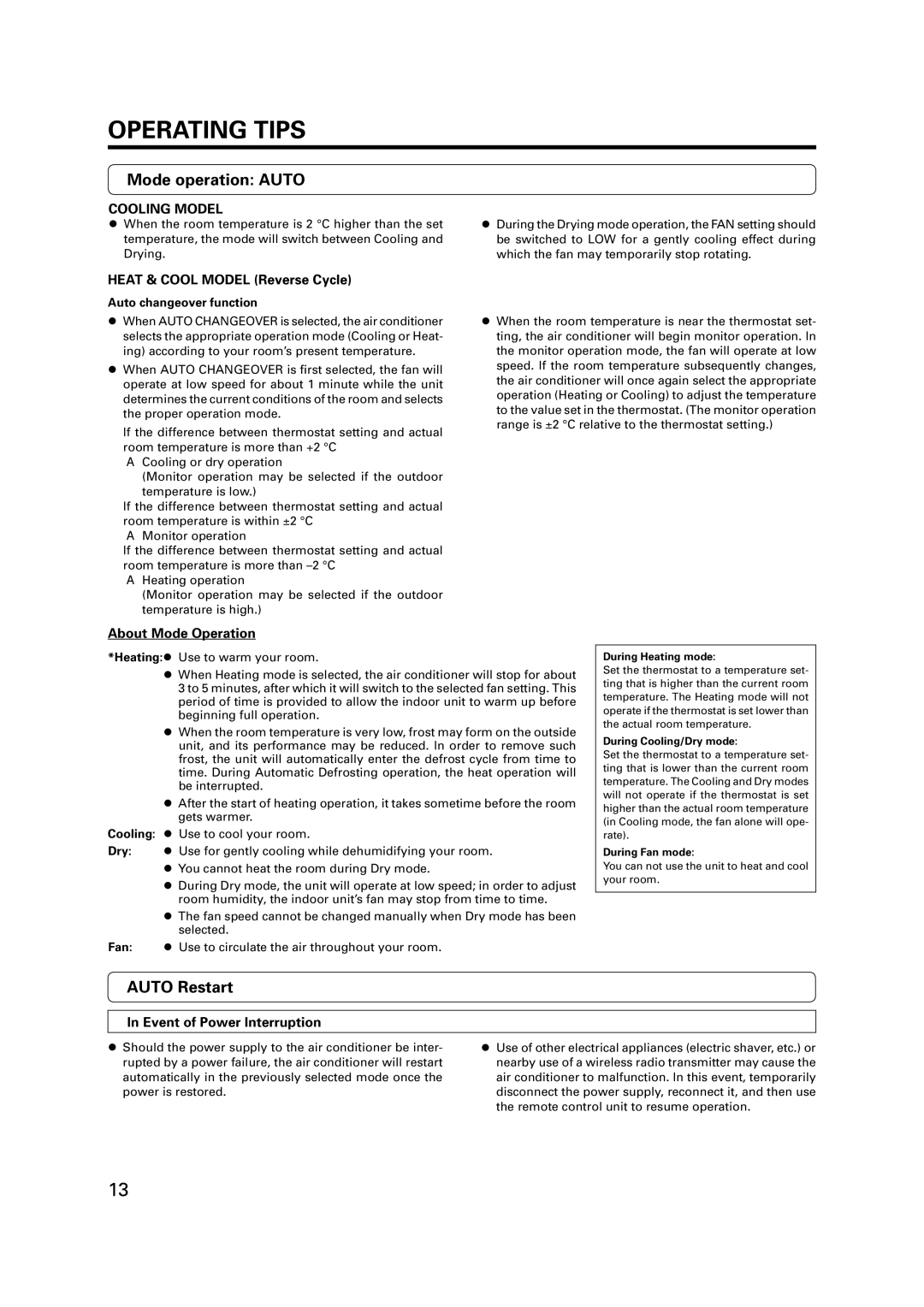 Fujitsu R410A operation manual Mode operation Auto, Auto Restart, Heat & Cool Model Reverse Cycle, About Mode Operation 