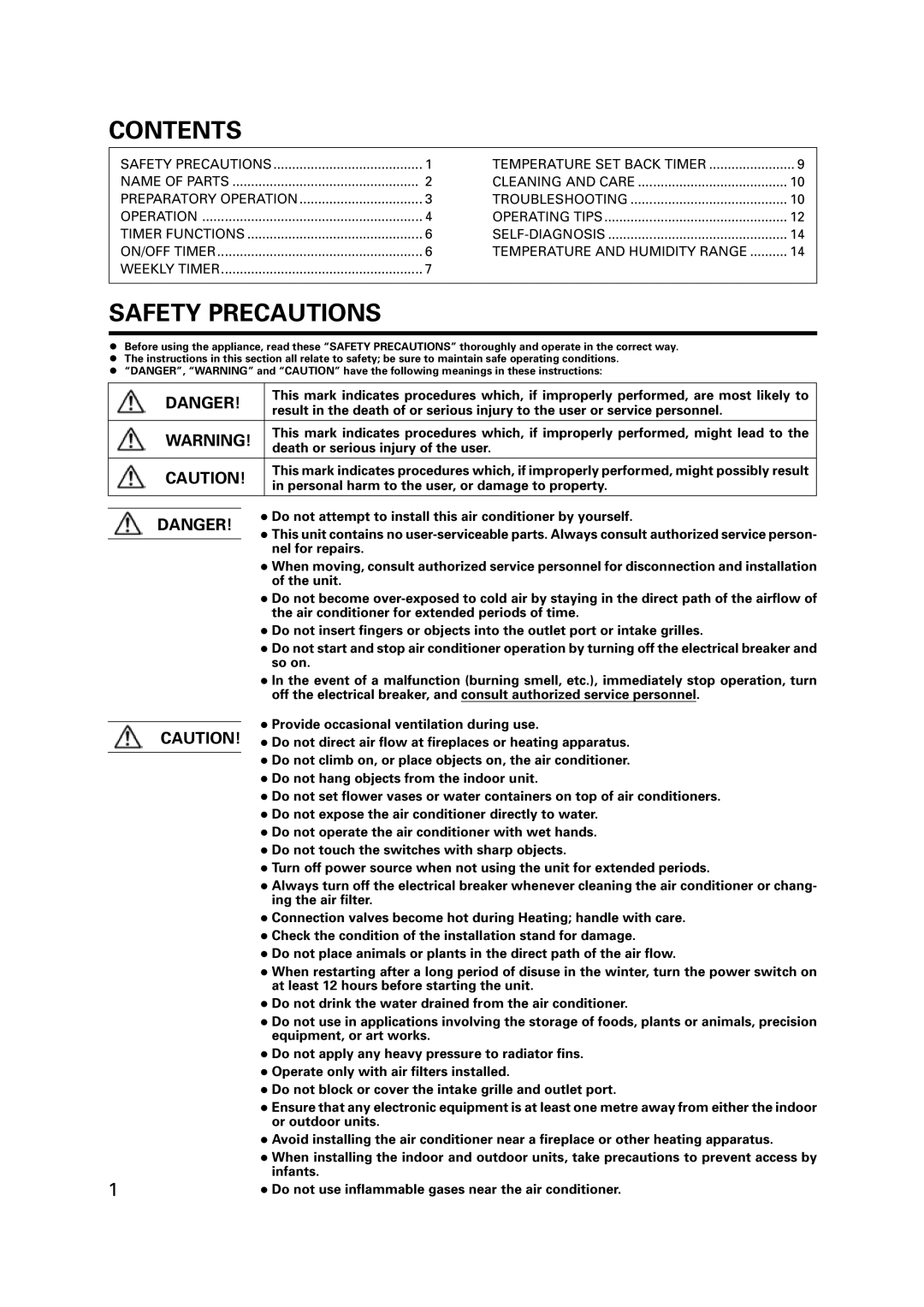 Fujitsu R410A operation manual Contents, Safety Precautions 