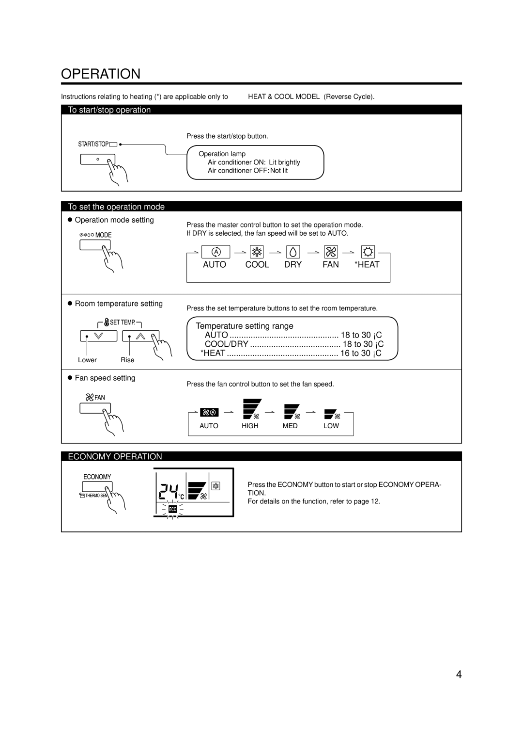 Fujitsu R410A operation manual Operation, To start/stop operation, To set the operation mode 