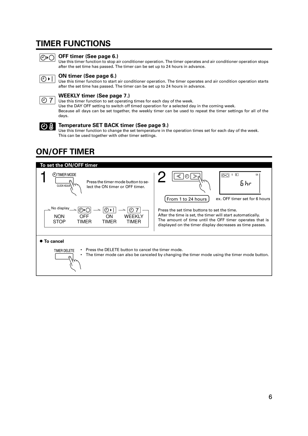 Fujitsu R410A operation manual Timer Functions, ON/OFF Timer 