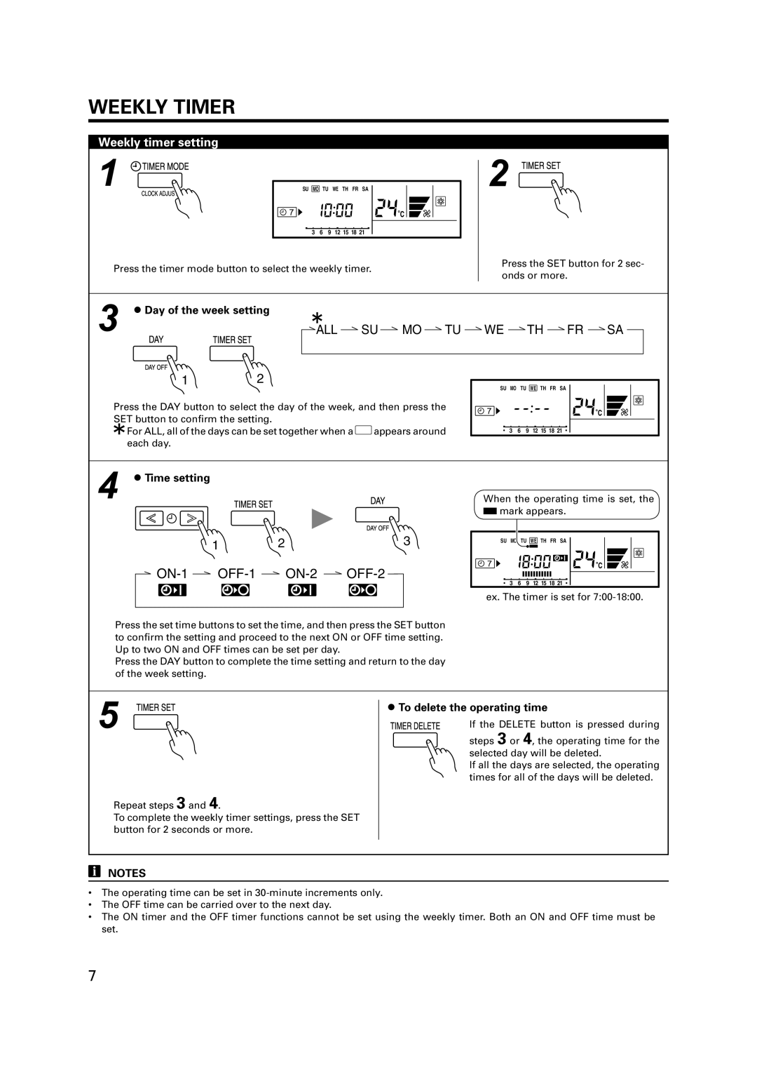 Fujitsu R410A operation manual Weekly timer setting, Day of the week setting, Time setting 