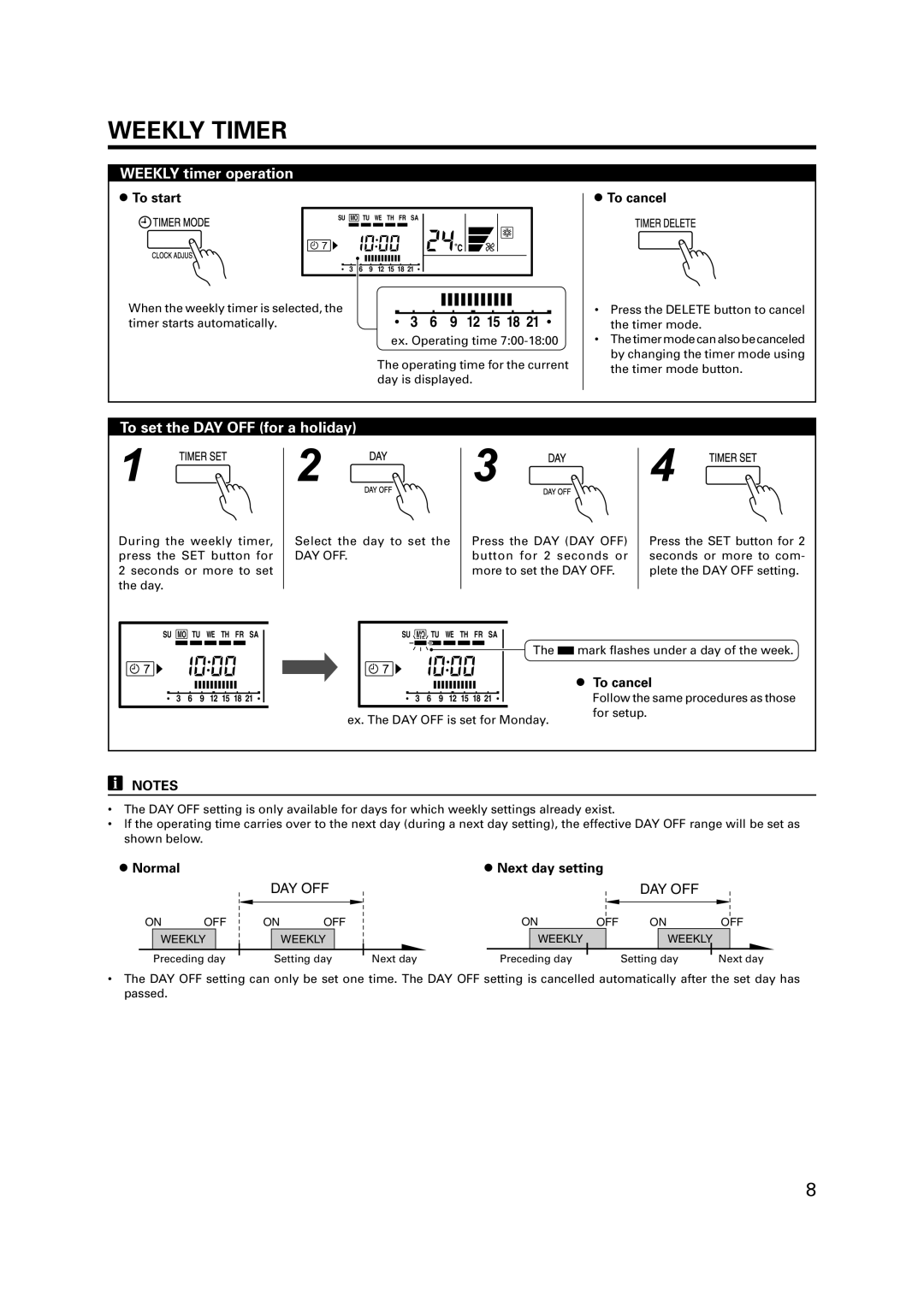 Fujitsu R410A Weekly Timer, Weekly timer operation, To set the DAY OFF for a holiday, To start, Normal Next day setting 