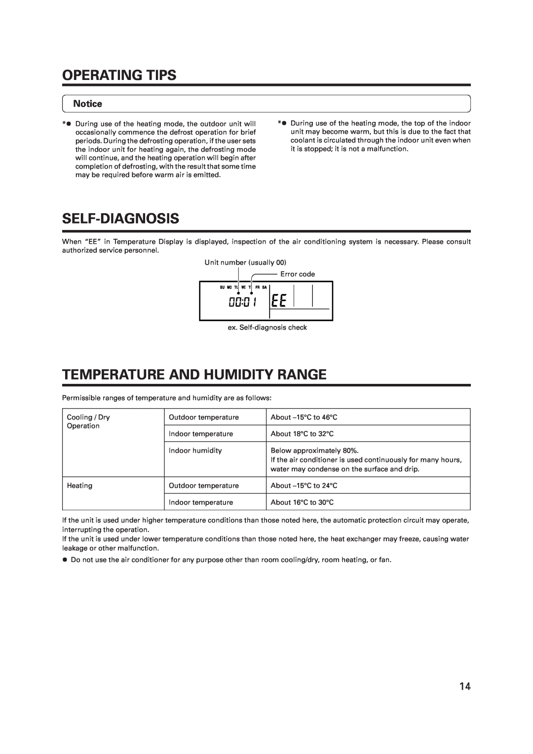 Fujitsu R410A operation manual Self-Diagnosis, Temperature And Humidity Range, Operating Tips 