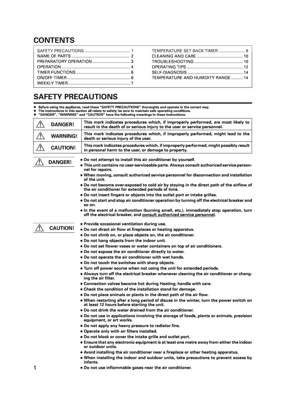 Fujitsu R410A operation manual Contents, Safety Precautions, Danger 