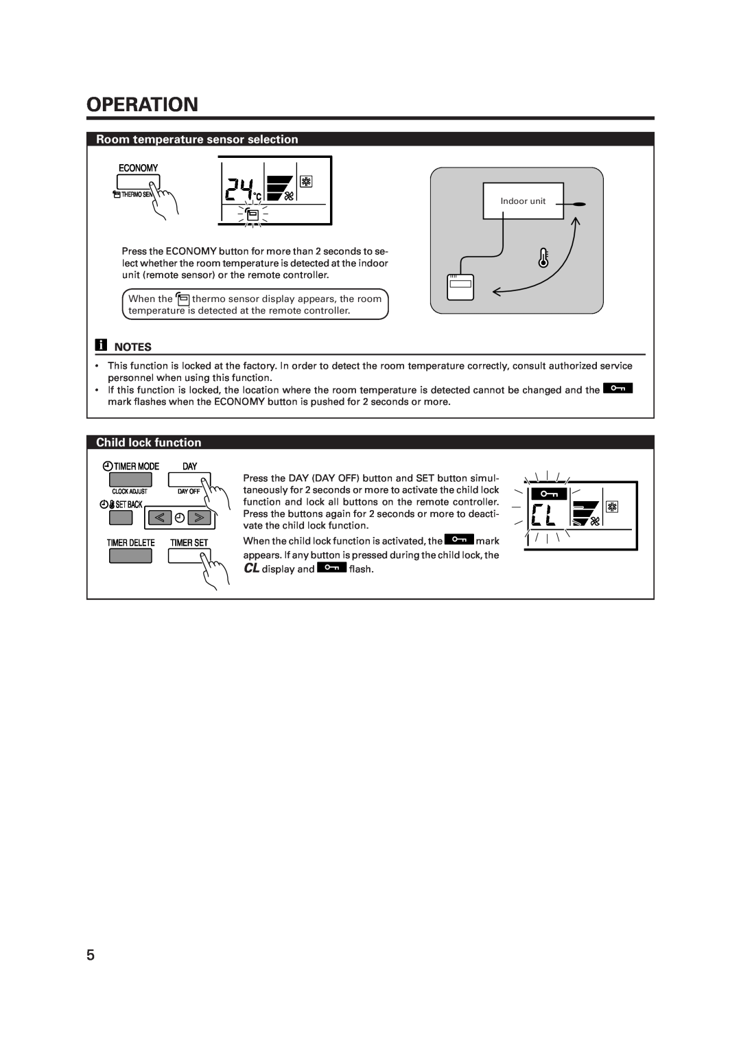 Fujitsu R410A operation manual Operation, Room temperature sensor selection, Child lock function 