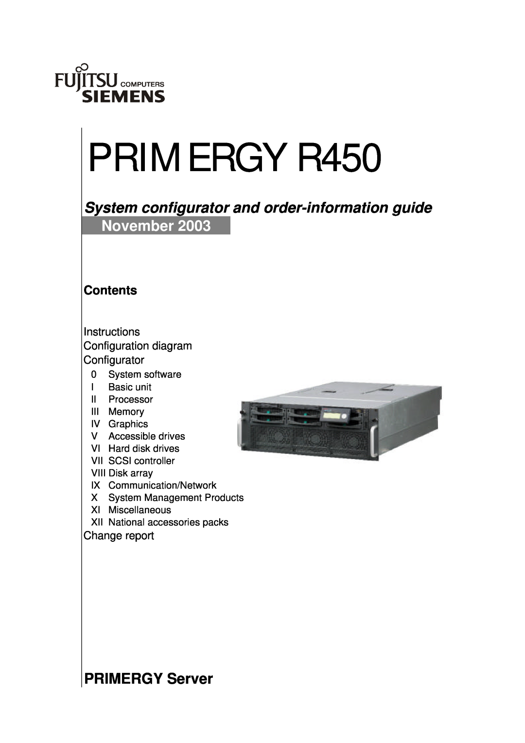 Fujitsu manual PRIMERGY R450, System configurator and order-information guide November, PRIMERGY Server, Contents 