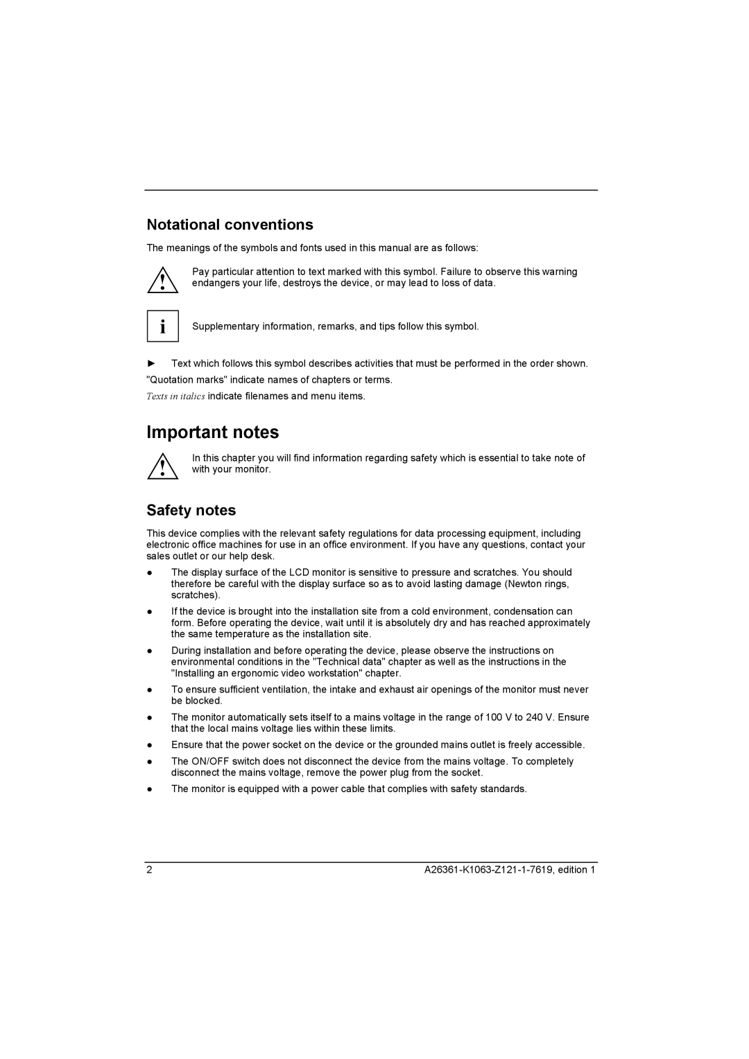 Fujitsu RE19-1 DE, RE17-1 DE, A17-2 DVI, A19-1 DVI manual Important notes, Notational conventions, Safety notes 