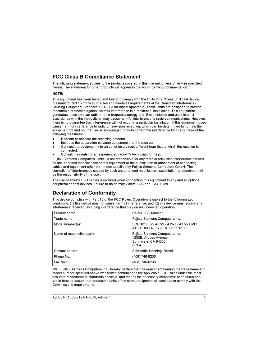 Fujitsu RE17-1 DE, RE19-1 DE, A17-2 DVI, A19-1 DVI manual FCC Class B Compliance Statement, Declaration of Conformity 