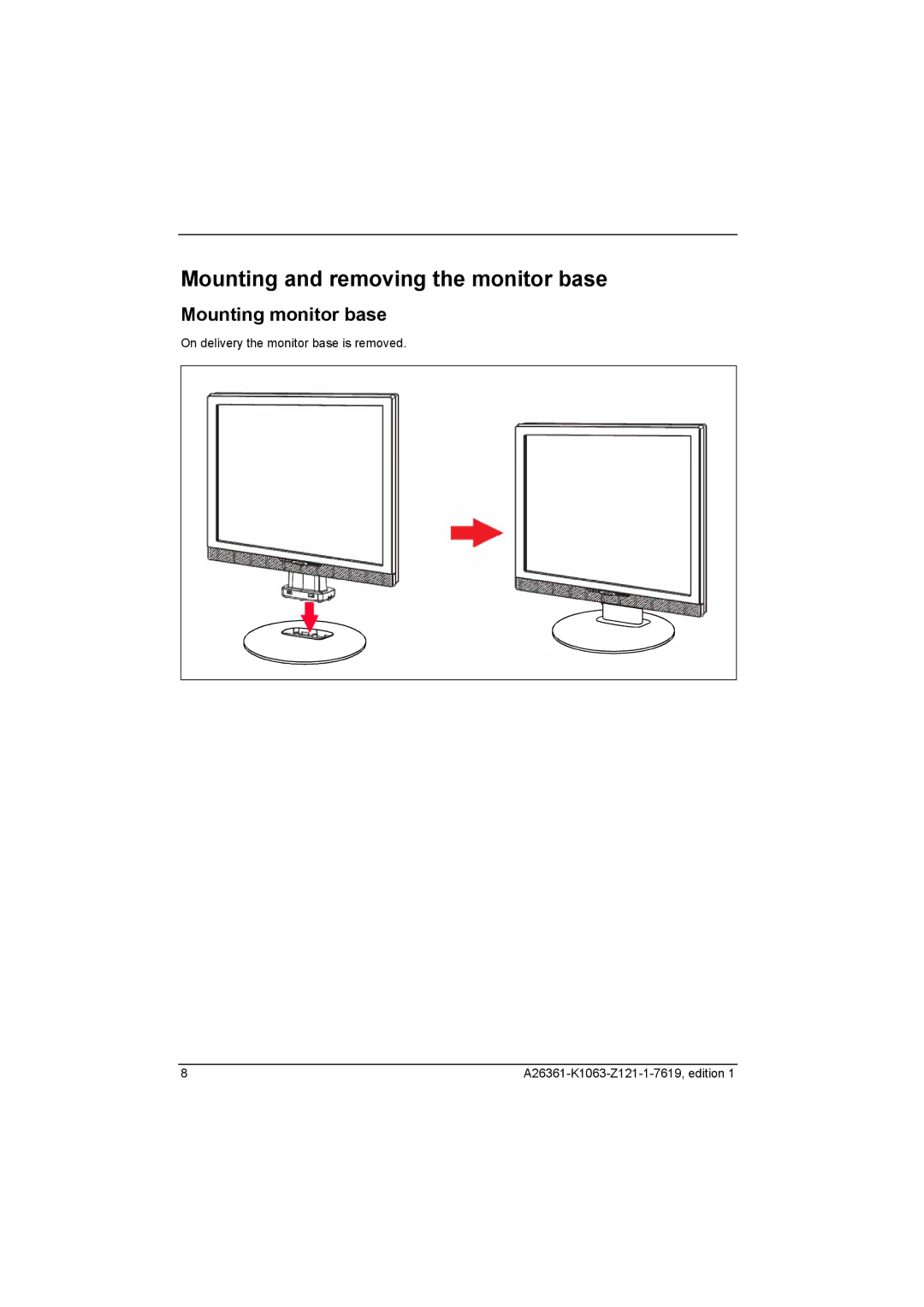 Fujitsu RE19-1 DE, RE17-1 DE, A17-2 DVI, A19-1 DVI manual Mounting and removing the monitor base, Mounting monitor base 