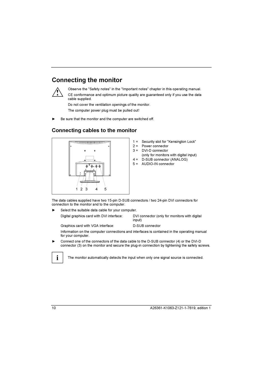 Fujitsu RE19-1 DE, RE17-1 DE, A17-2 DVI, A19-1 DVI manual Connecting the monitor, Connecting cables to the monitor 