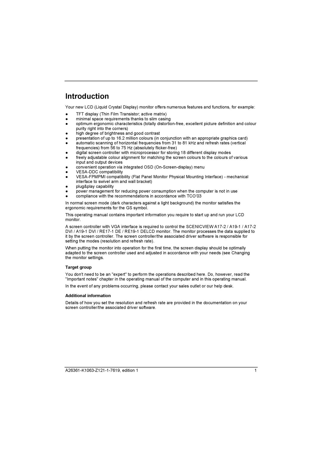 Fujitsu A17-2 DVI, RE19-1 DE, RE17-1 DE, A19-1 DVI manual Introduction, Target group, Additional information 