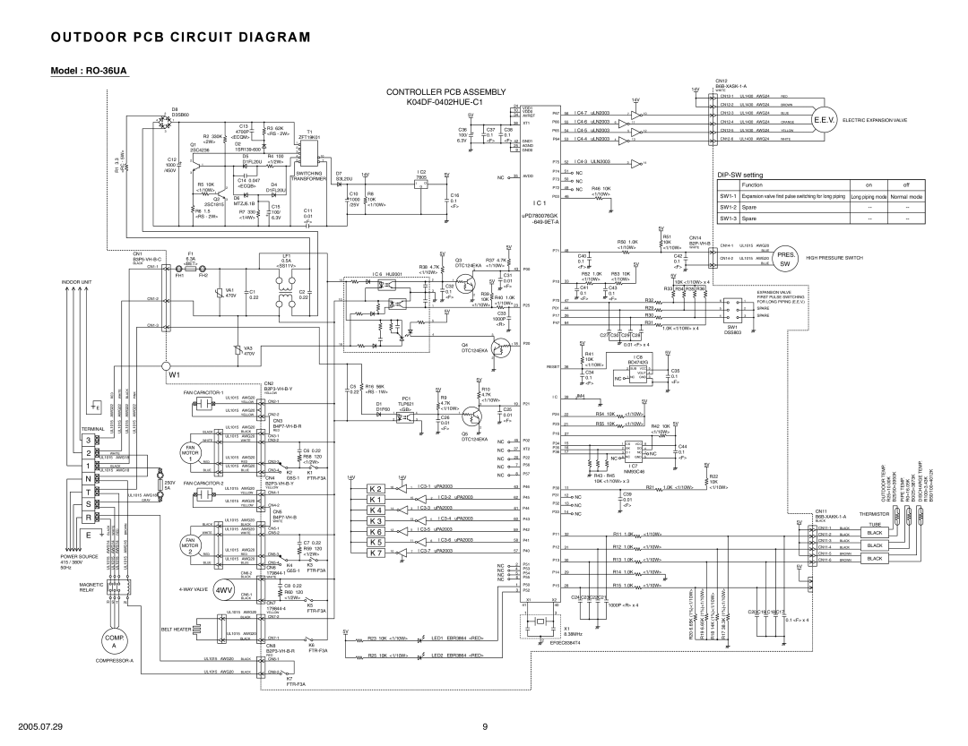Fujitsu RY-36FA Outdoor Pcb Circuit Diagram, Model RO-36UA, 2005.07.29, DIP-SWsetting, Function, SW1-1, Long piping mode 