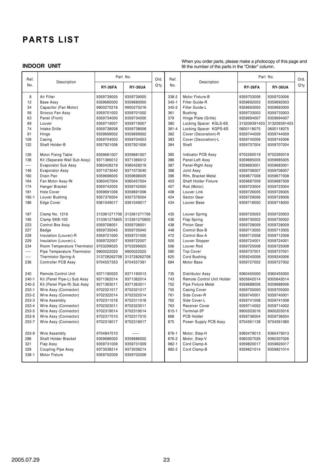 Fujitsu RO-36FA, RO-36UA specifications Parts List, Indoor Unit, 2005.07.29, RY-36FA, RY-36UA 