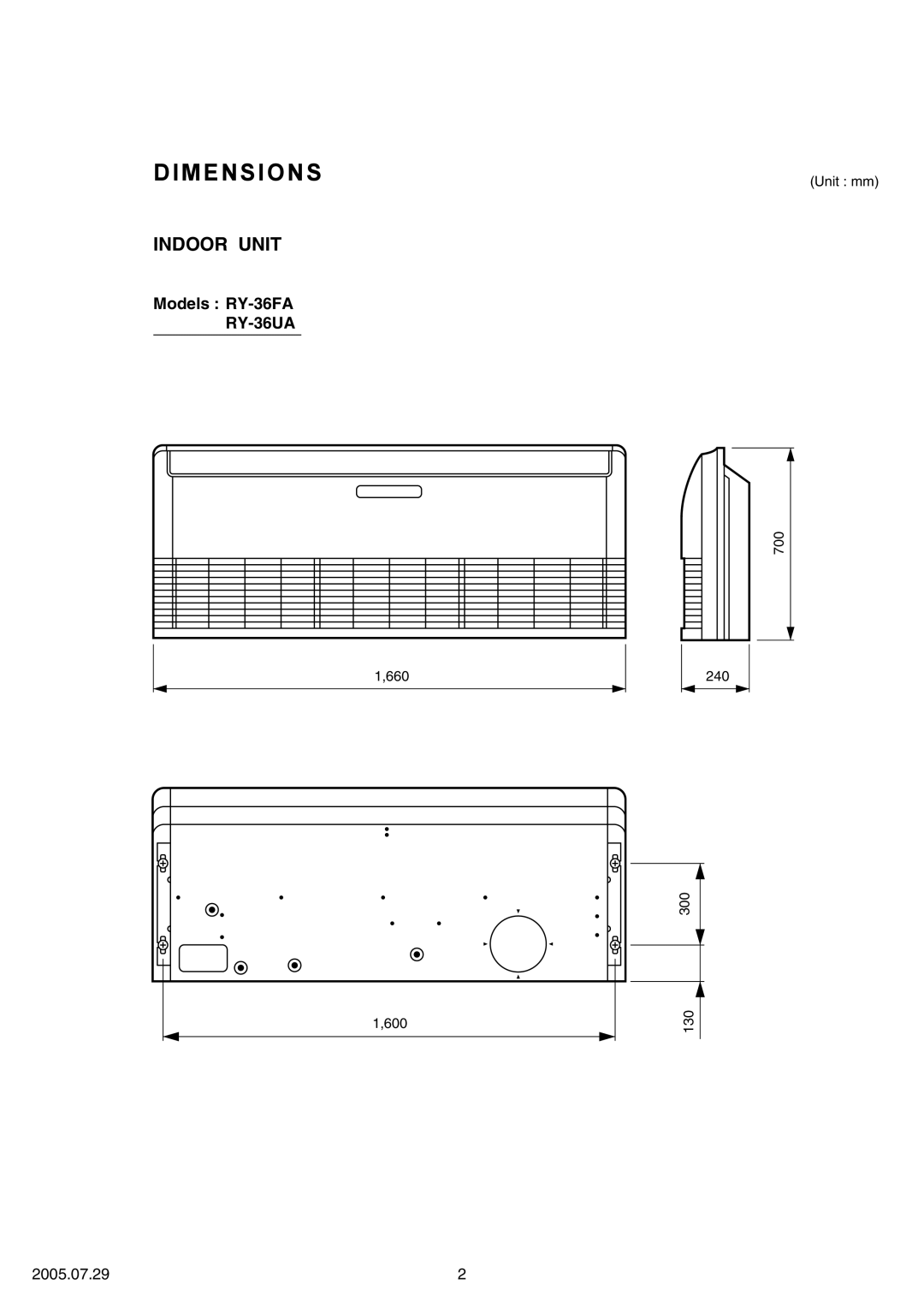 Fujitsu RO-36UA, RO-36FA specifications Dimensions, Indoor Unit, Models RY-36FA RY-36UA, 2005.07.29 