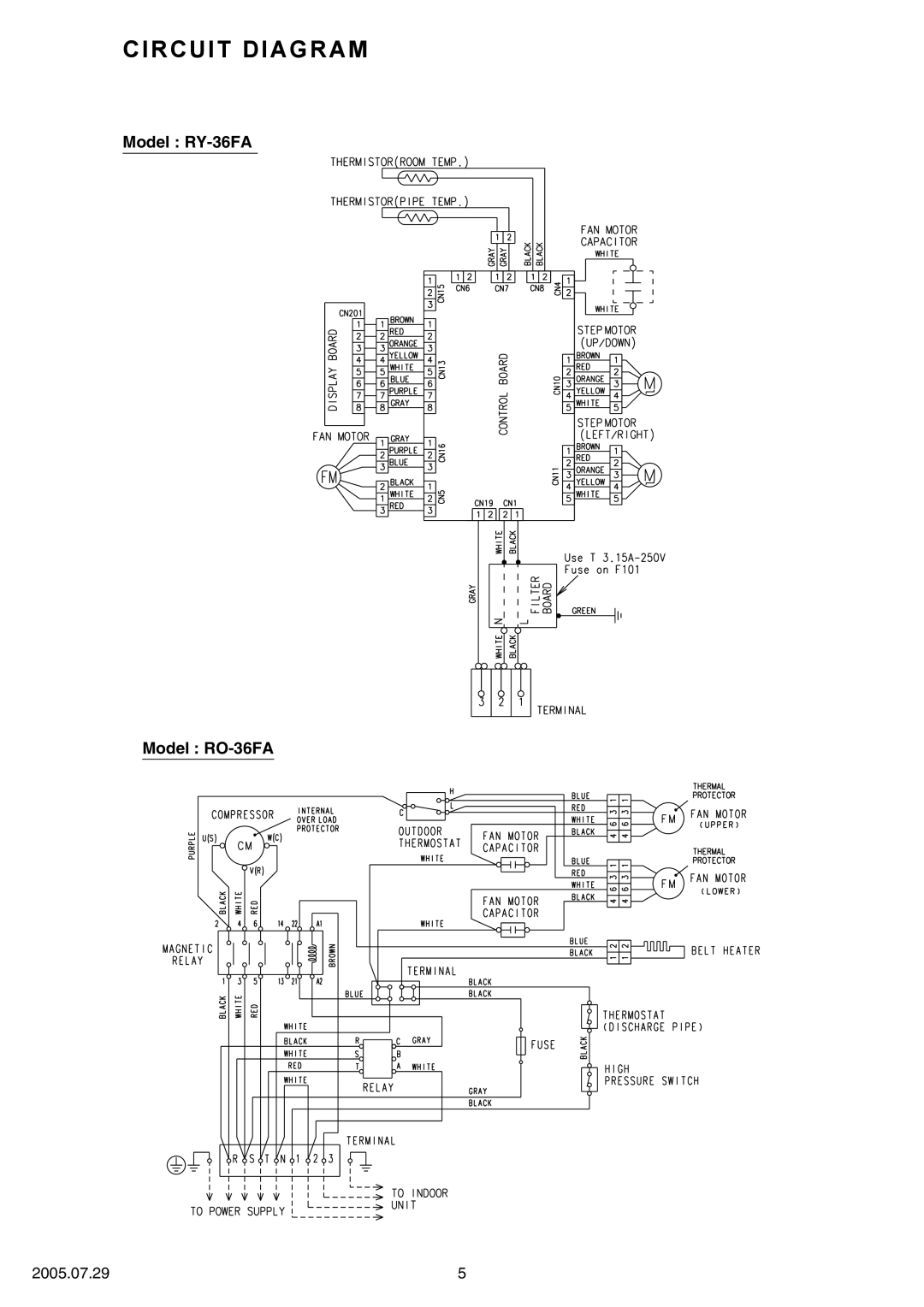 Fujitsu RY-36UA, RO-36UA specifications Circuit Diagram, Model RY-36FA Model RO-36FA, 2005.07.29 