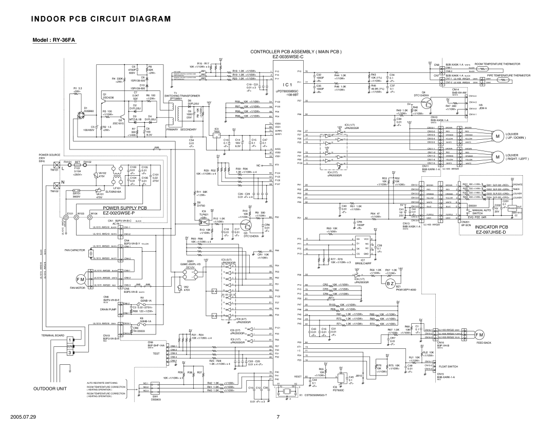 Fujitsu RO-36FA, RY-36UA Indoor Pcb Circuit Diagram, Model RY-36FA, 2005.07.29, uPD780058BGC, 108-8BT, Louver, Up / Down 