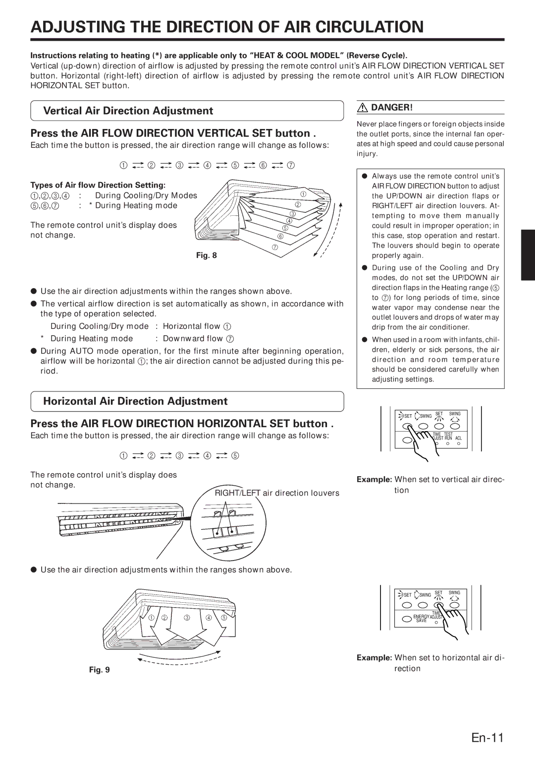 Fujitsu ABO22, ABU22 Adjusting the Direction of AIR Circulation, Types of Air flow Direction Setting, Rection 