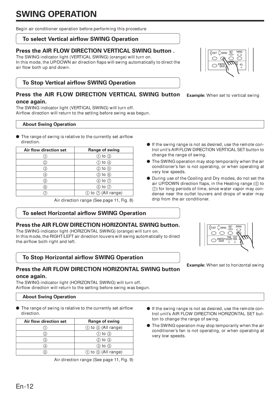 Fujitsu ROOM AIR CONDITIONER, ABU22, ABO22 To Stop Horizontal airflow Swing Operation, About Swing Operation 