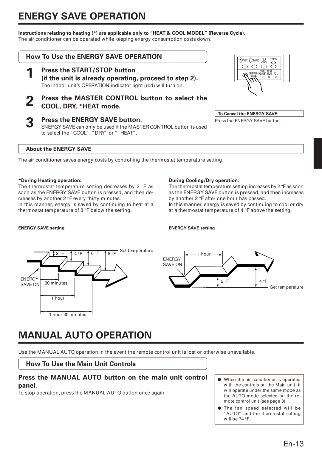 Fujitsu ABU22, ROOM AIR CONDITIONER, ABO22 Energy Save Operation, Manual Auto Operation, About the Energy Save 