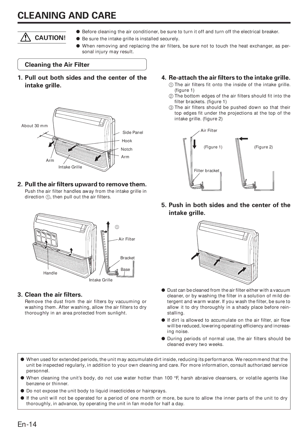 Fujitsu ABO22, ROOM AIR CONDITIONER Cleaning and Care, Pull the air filters upward to remove them, Clean the air filters 