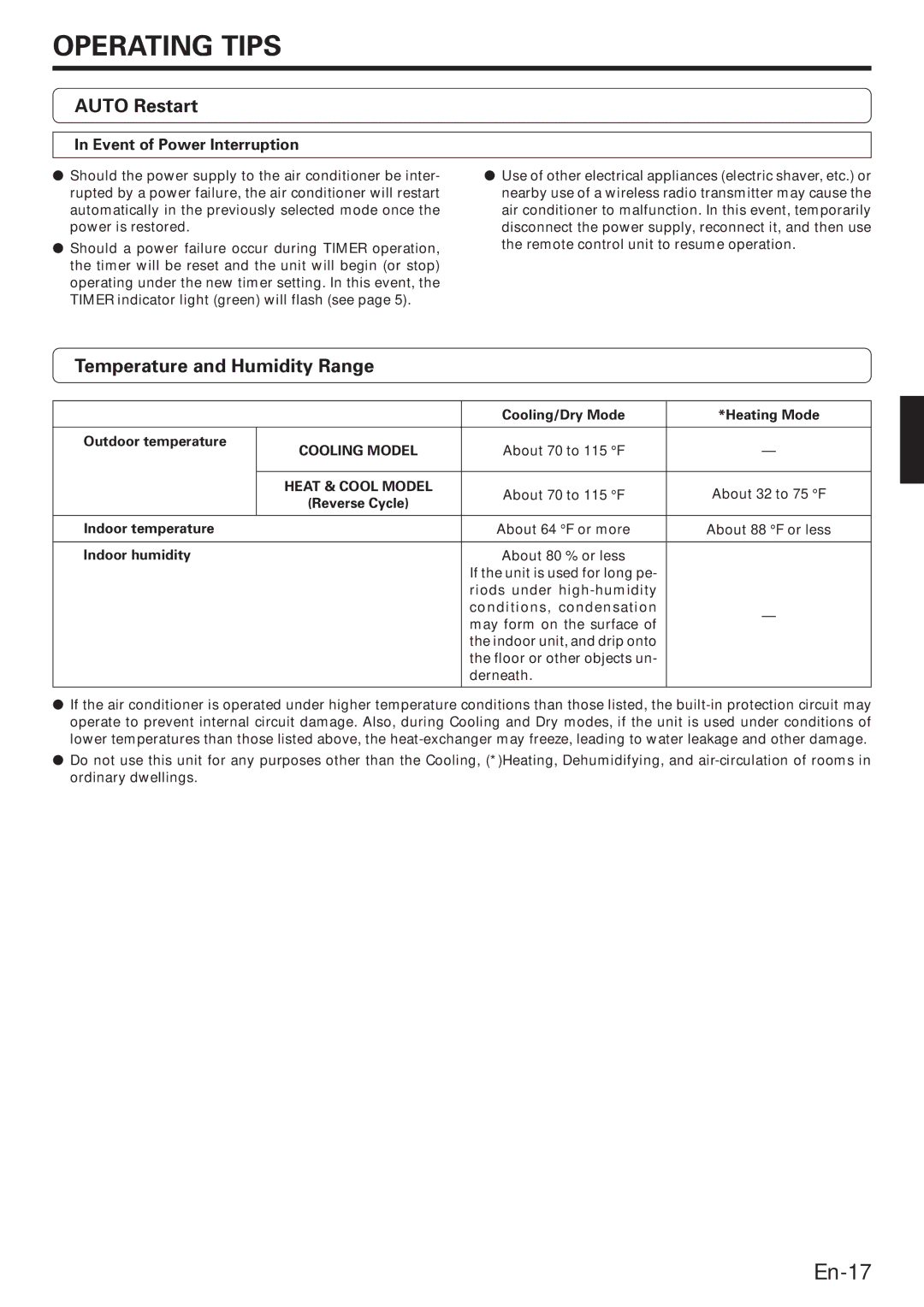 Fujitsu ABO22, ABU22 Operating Tips, Auto Restart, Temperature and Humidity Range, Event of Power Interruption 