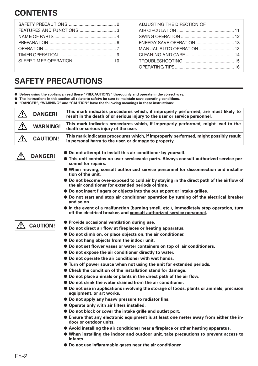 Fujitsu ABO22, ROOM AIR CONDITIONER, ABU22 operation manual Contents, Safety Precautions 