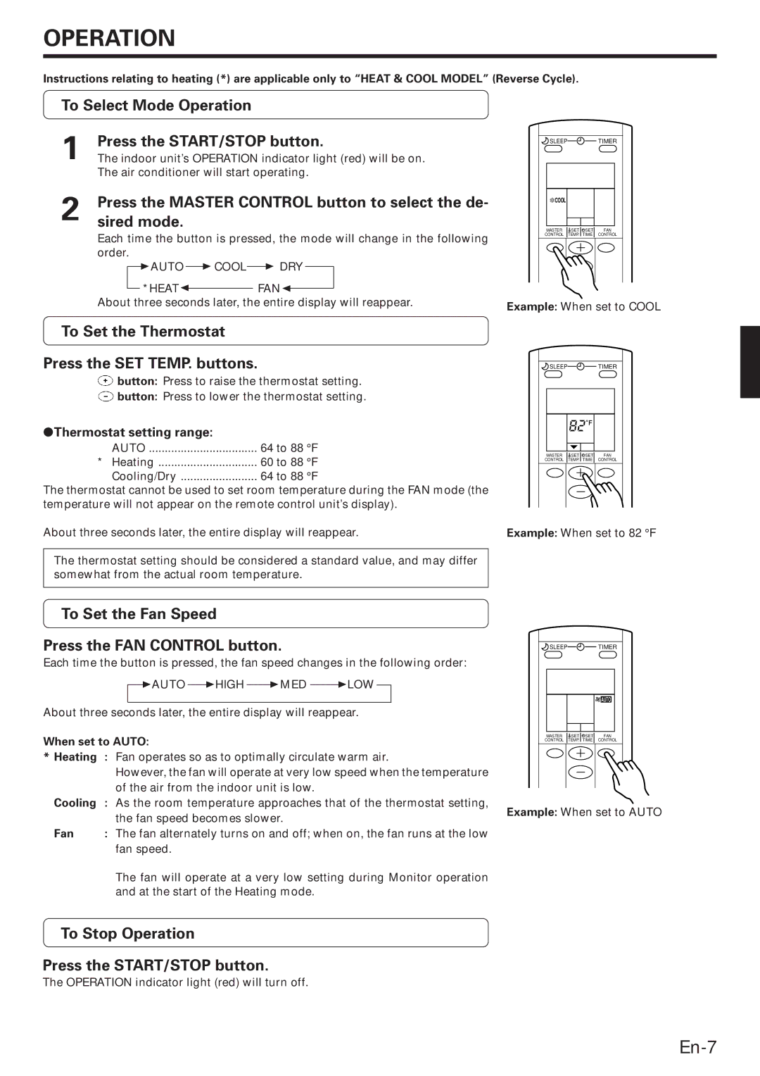 Fujitsu ABU22 To Select Mode Operation Press the START/STOP button, To Set the Thermostat Press the SET TEMP. buttons 