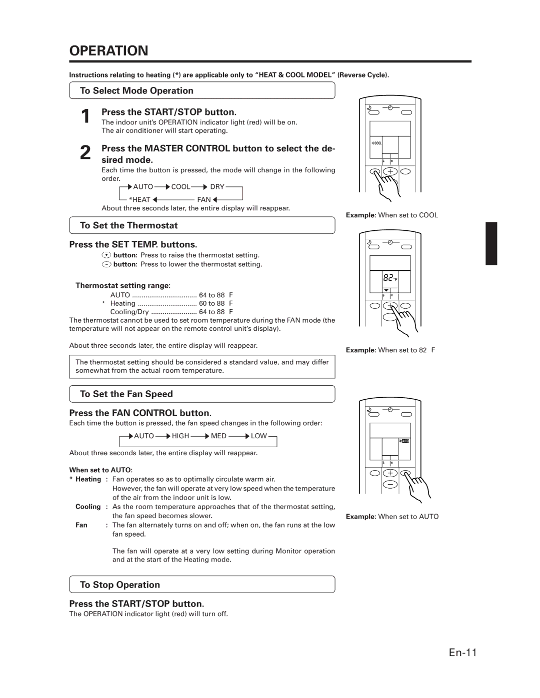 Fujitsu ASU18T To Select Mode Operation Press the START/STOP button, To Set the Thermostat Press the SET TEMP. buttons 