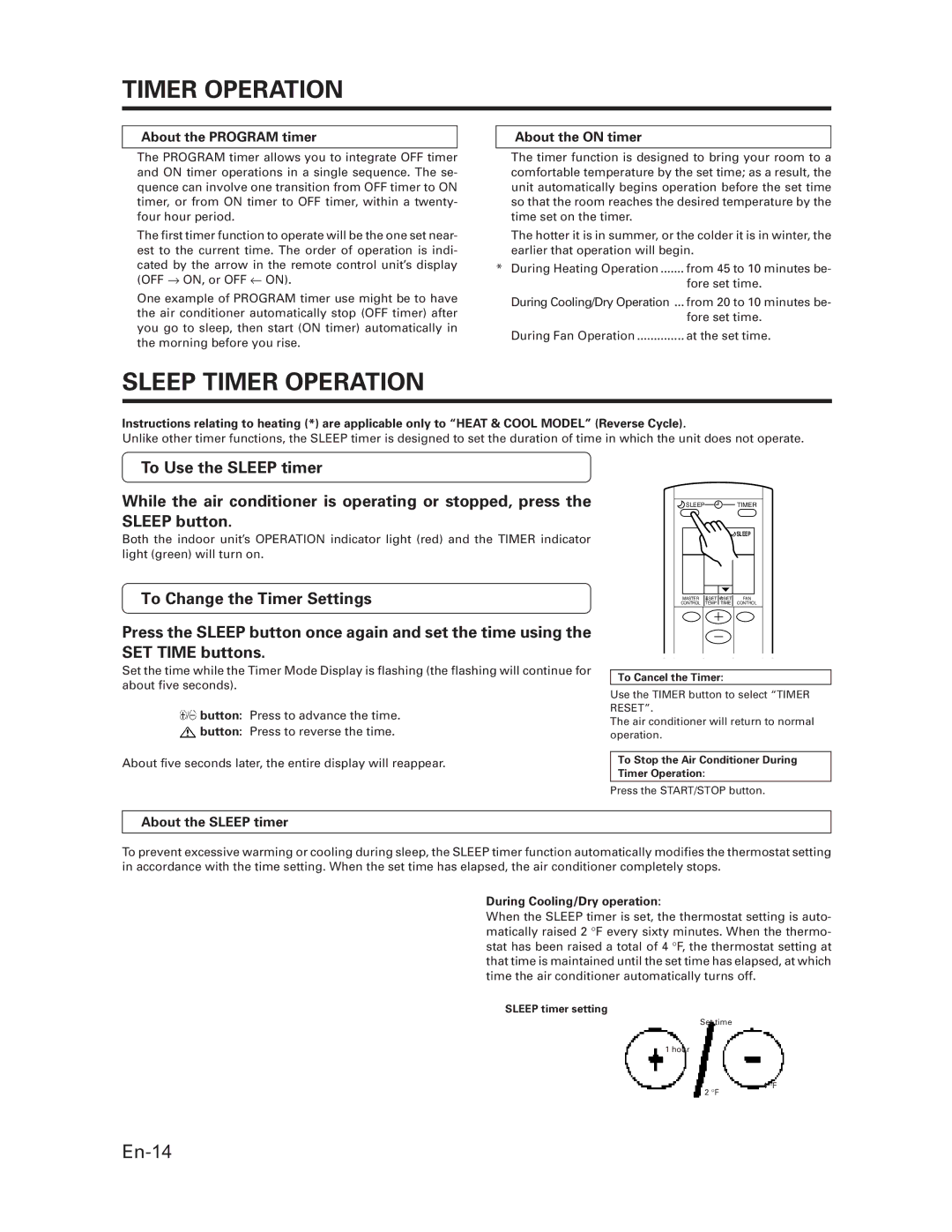 Fujitsu ASU18T, AOU36T Sleep Timer Operation, About the Program timer, About the on timer, About the Sleep timer 