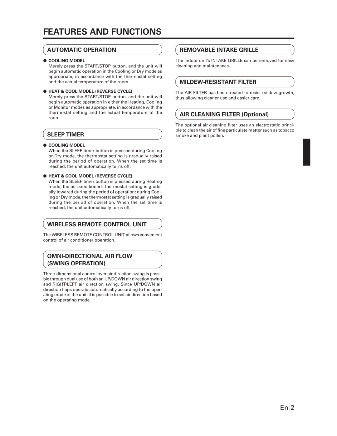 Fujitsu ASU18T, AOU36T operation manual Features and Functions, AIR Cleaning Filter Optional 
