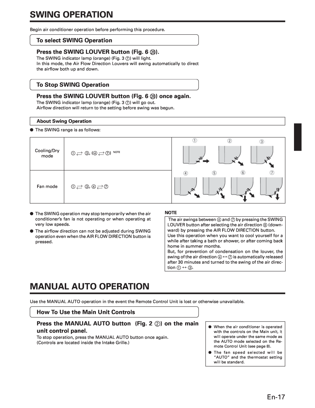 Fujitsu ASU18T Swing Operation, Manual Auto Operation, En-17, To select SWING Operation, Press the SWING LOUVER button R 