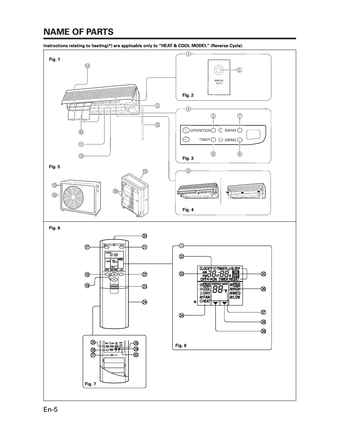 Fujitsu ASU18T, AOU36T, Room Air Conditioner Multi Split Type (3 rooms) operation manual Name Of Parts, En-5 