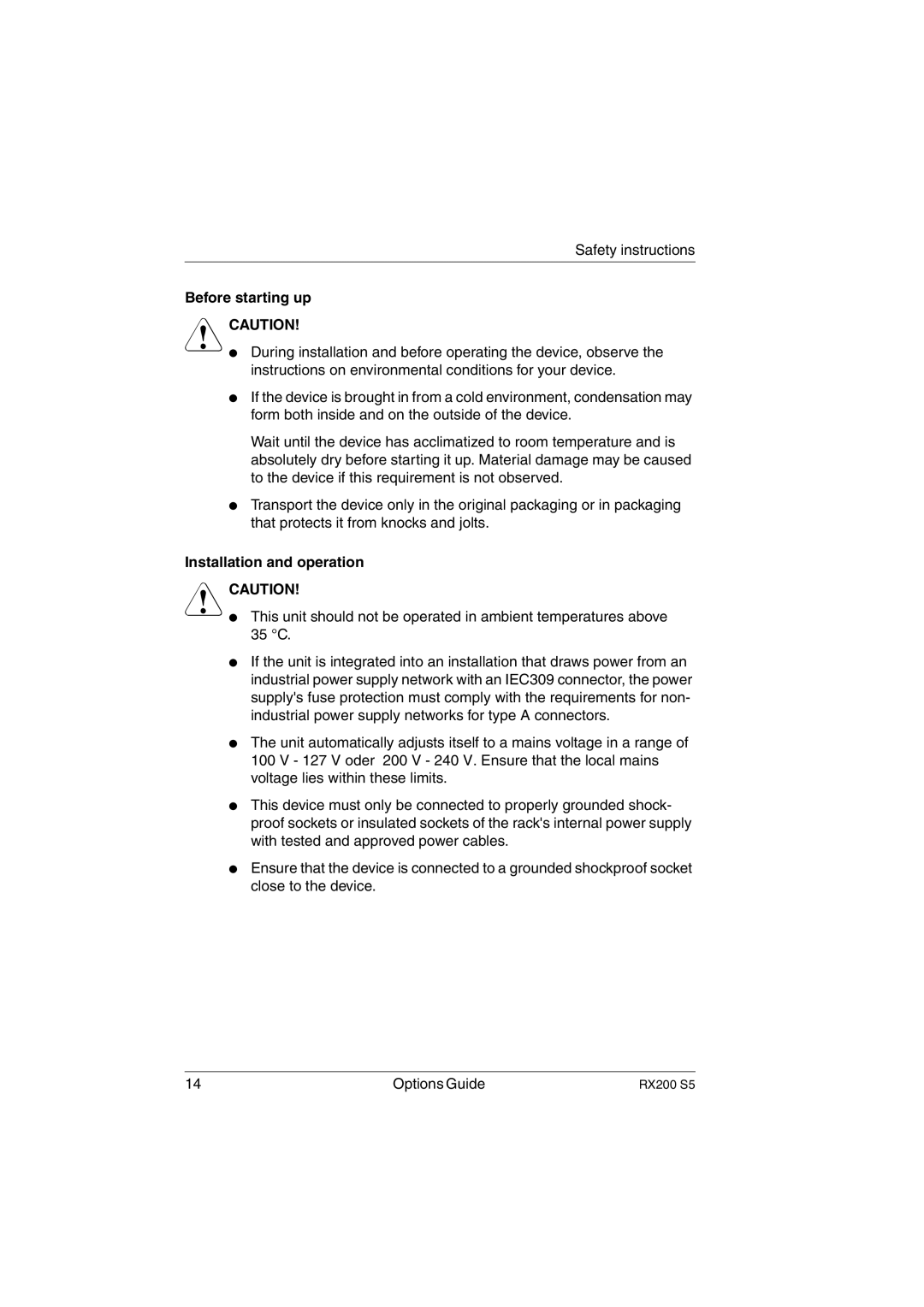 Fujitsu RX200 S5 manual Before starting up, Installation and operation 