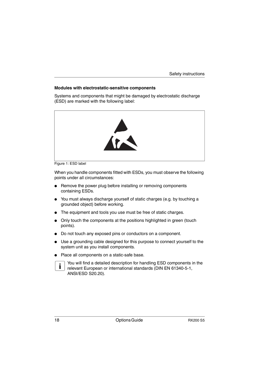 Fujitsu RX200 S5 manual Modules with electrostatic-sensitive components, ESD label 