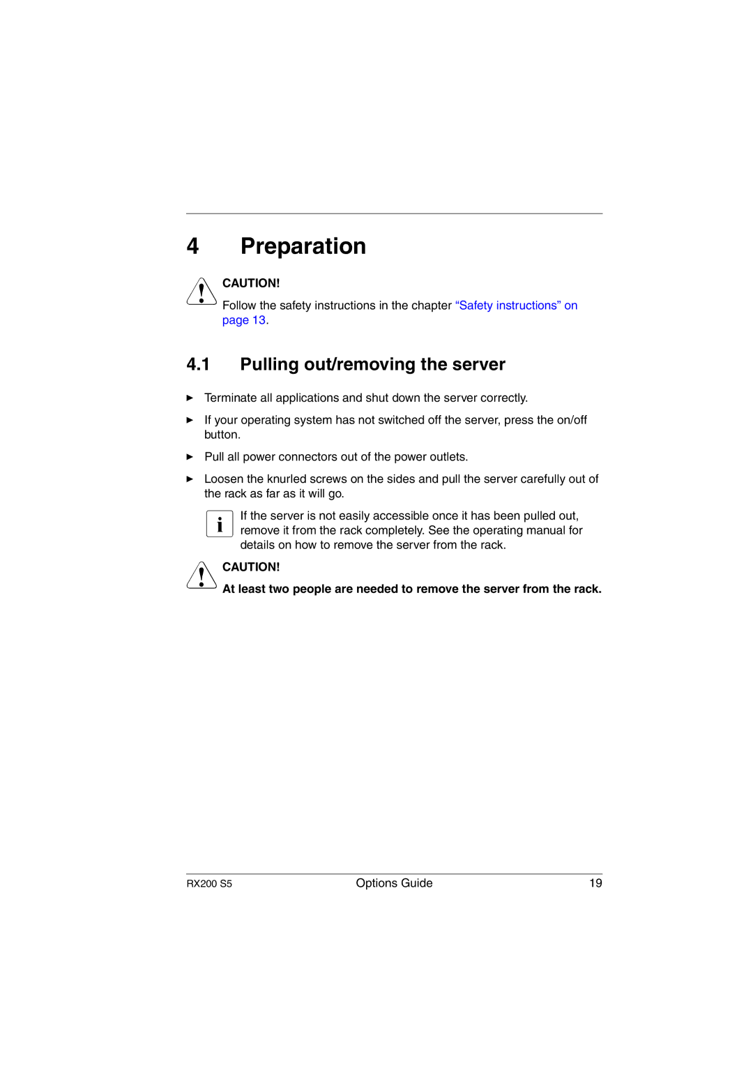 Fujitsu RX200 S5 manual Preparation, Pulling out/removing the server 