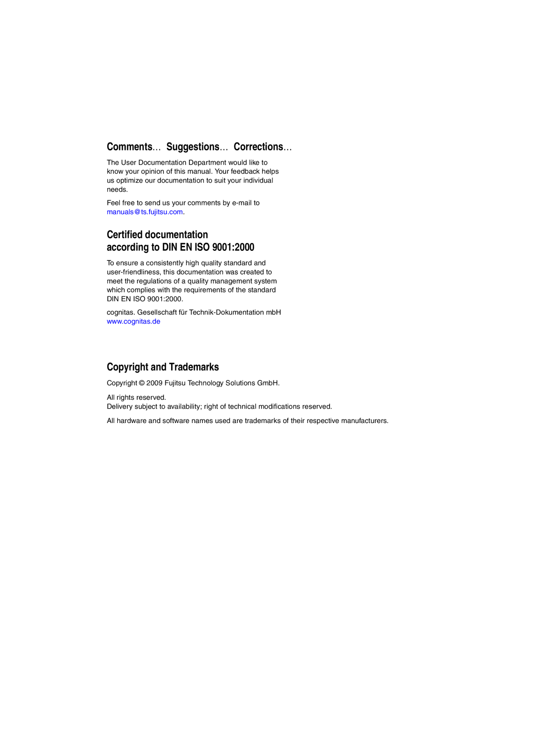 Fujitsu RX200 S5 manual Comments… Suggestions… Corrections…, Certified documentation according to DIN EN ISO 