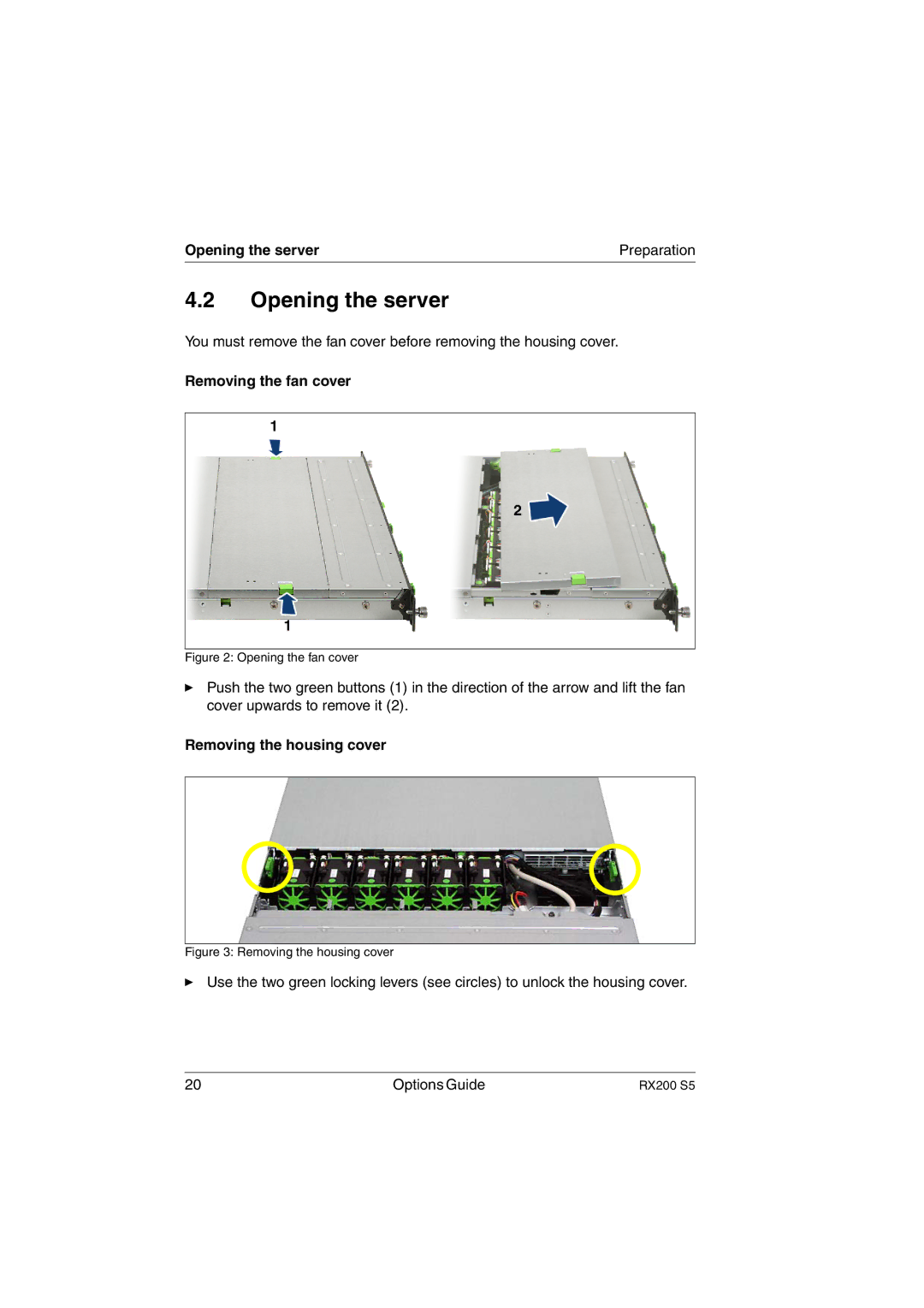 Fujitsu RX200 S5 manual Opening the server Preparation, Removing the fan cover, Removing the housing cover 