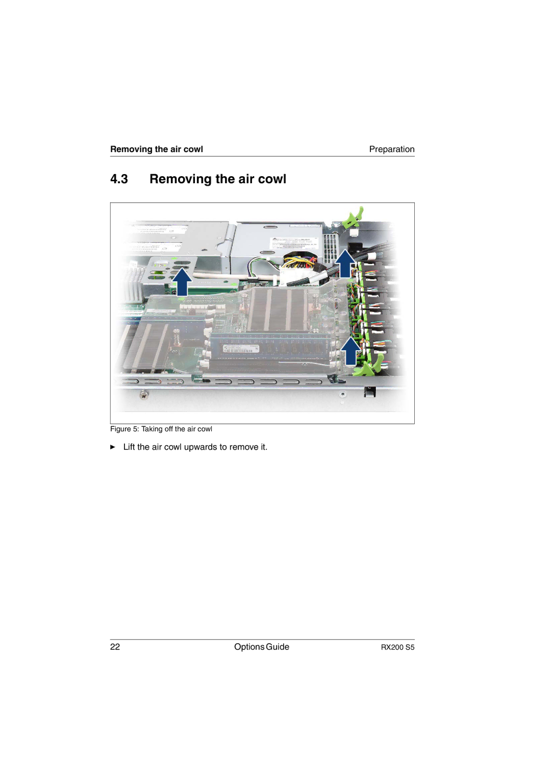 Fujitsu RX200 S5 manual Removing the air cowl Preparation 