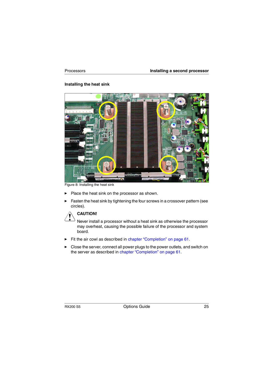 Fujitsu RX200 S5 manual Processors, Installing the heat sink 