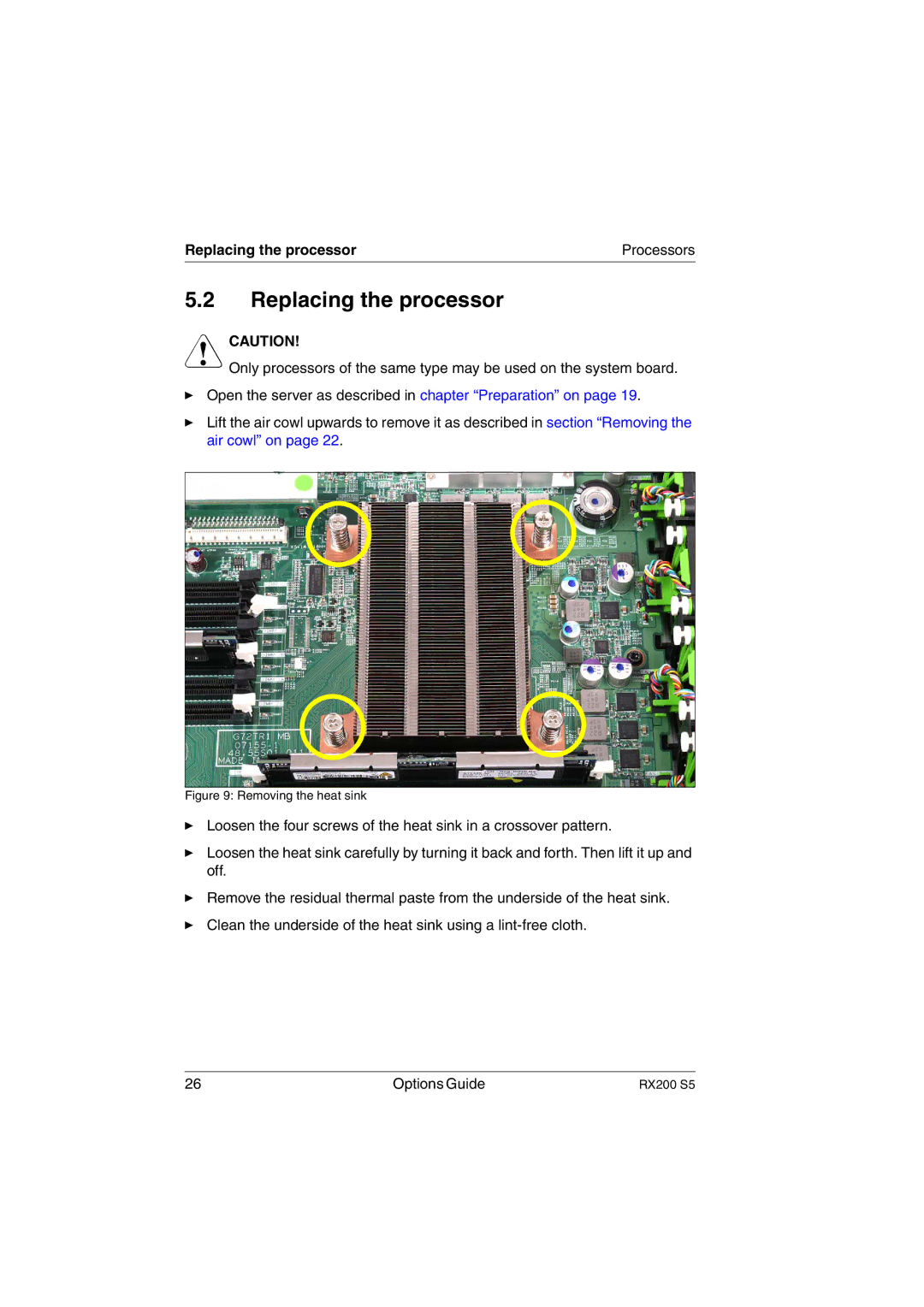 Fujitsu RX200 S5 manual Replacing the processor 