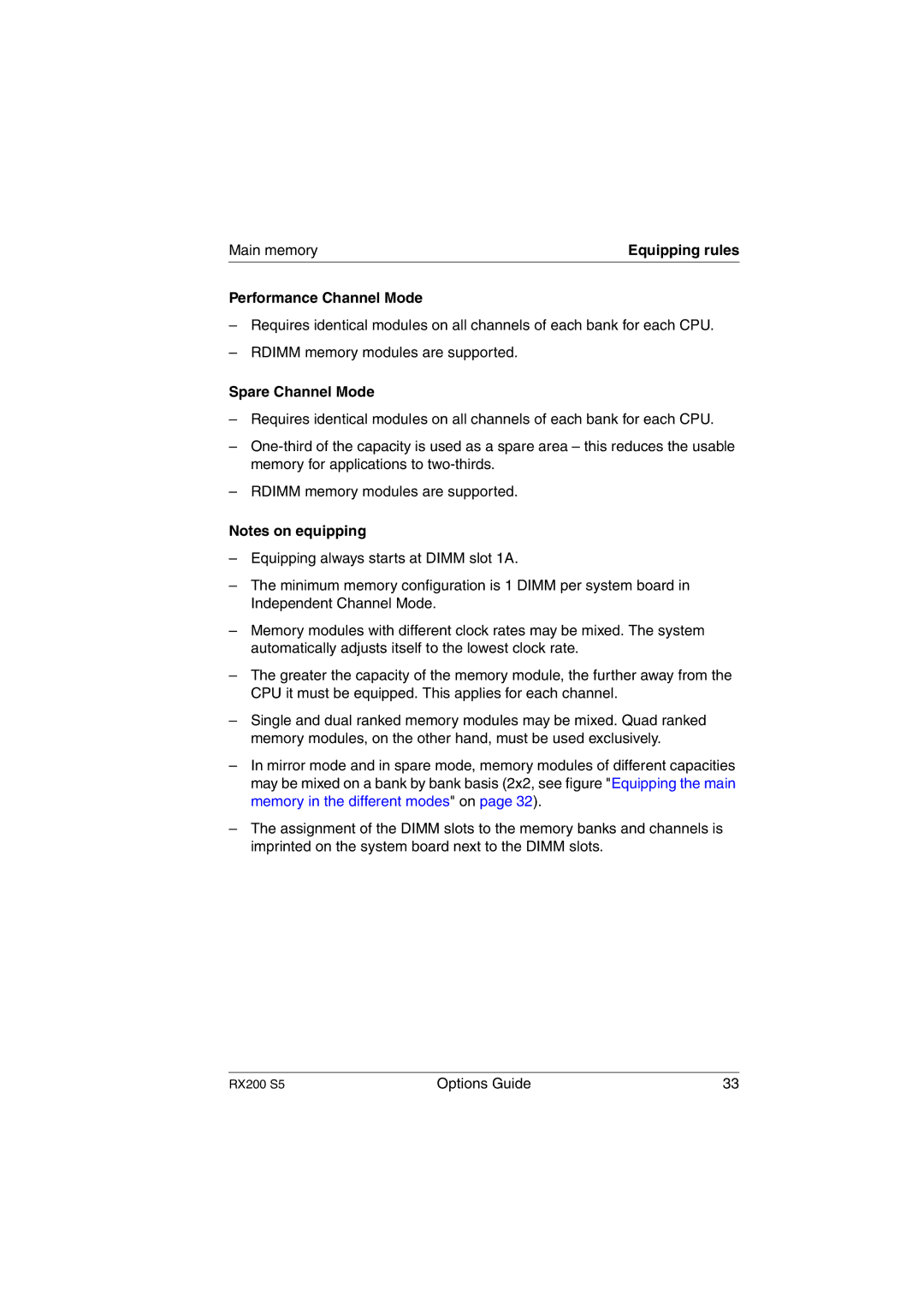 Fujitsu RX200 S5 manual Main memory, Performance Channel Mode, Spare Channel Mode 