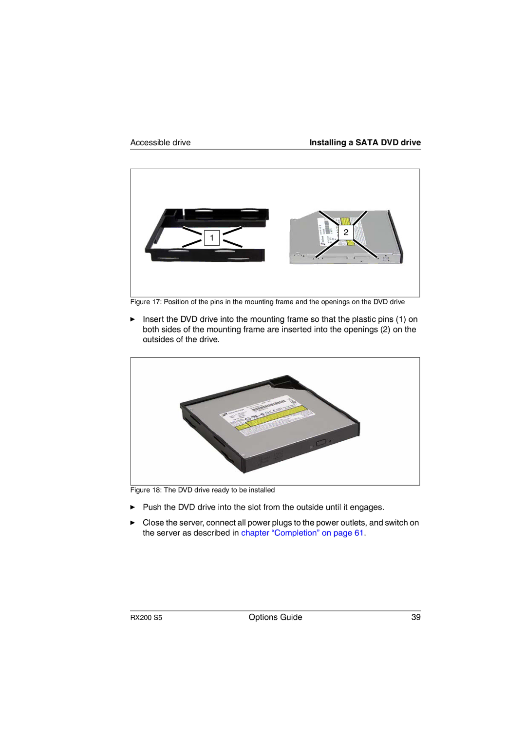 Fujitsu RX200 S5 manual Installing a Sata DVD drive 