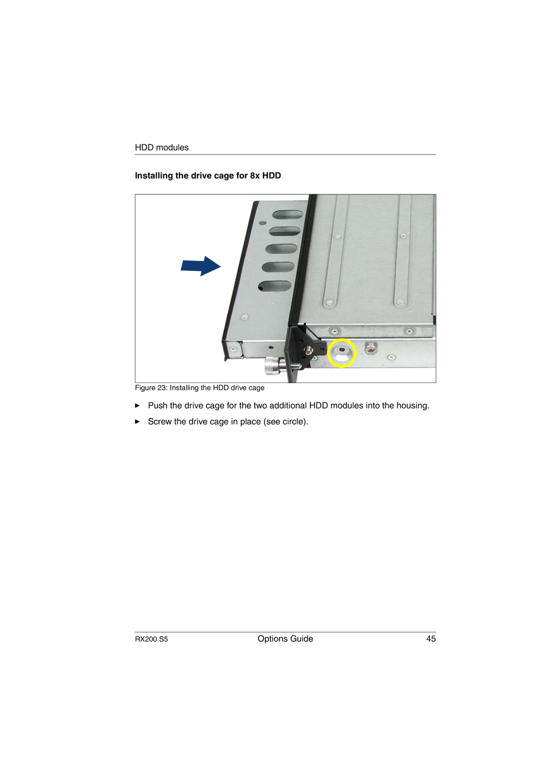 Fujitsu RX200 S5 manual Installing the drive cage for 8x HDD, Installing the HDD drive cage 