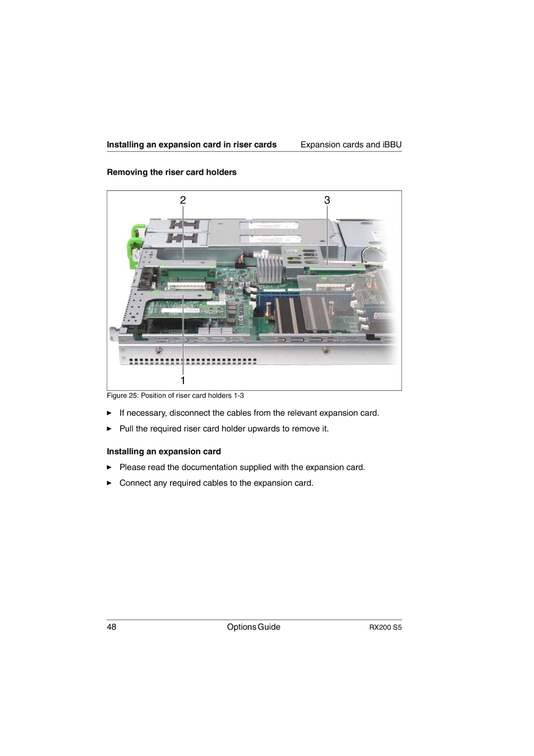 Fujitsu RX200 S5 manual Installing an expansion card in riser cards, Removing the riser card holders 