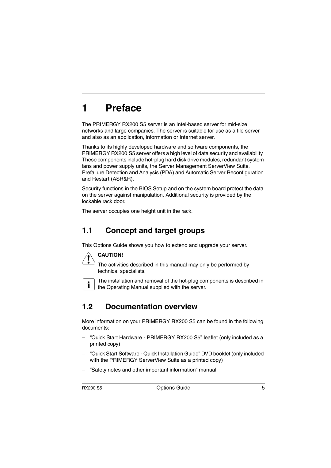 Fujitsu RX200 S5 manual Preface, Concept and target groups, Documentation overview 